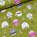 Illustrated ugly sweater knitting scarves cardigans white black hot pink on olive green novelty quilting cotton for quilts tote bags sewing room accessories and knitter gifts