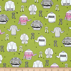 Illustrated ugly sweater knitting scarves cardigans white black hot pink on olive green novelty quilting cotton for quilts tote bags sewing room accessories and knitter gifts