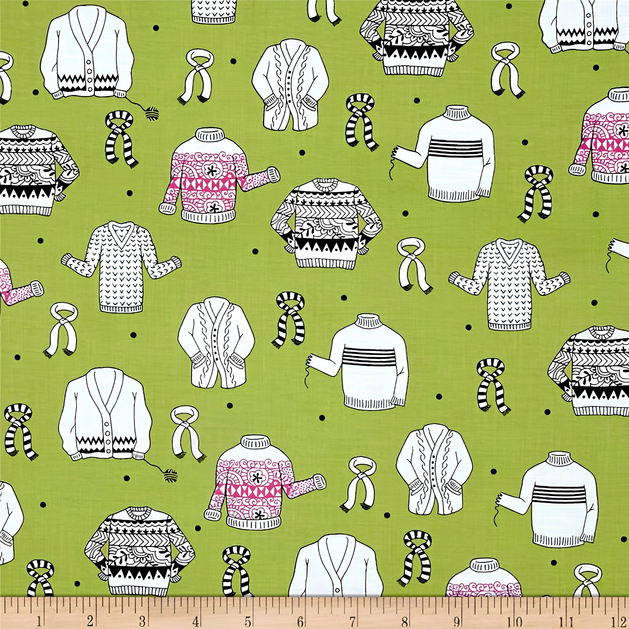 Illustrated ugly sweater knitting scarves cardigans white black hot pink on olive green novelty quilting cotton for quilts tote bags sewing room accessories and knitter gifts