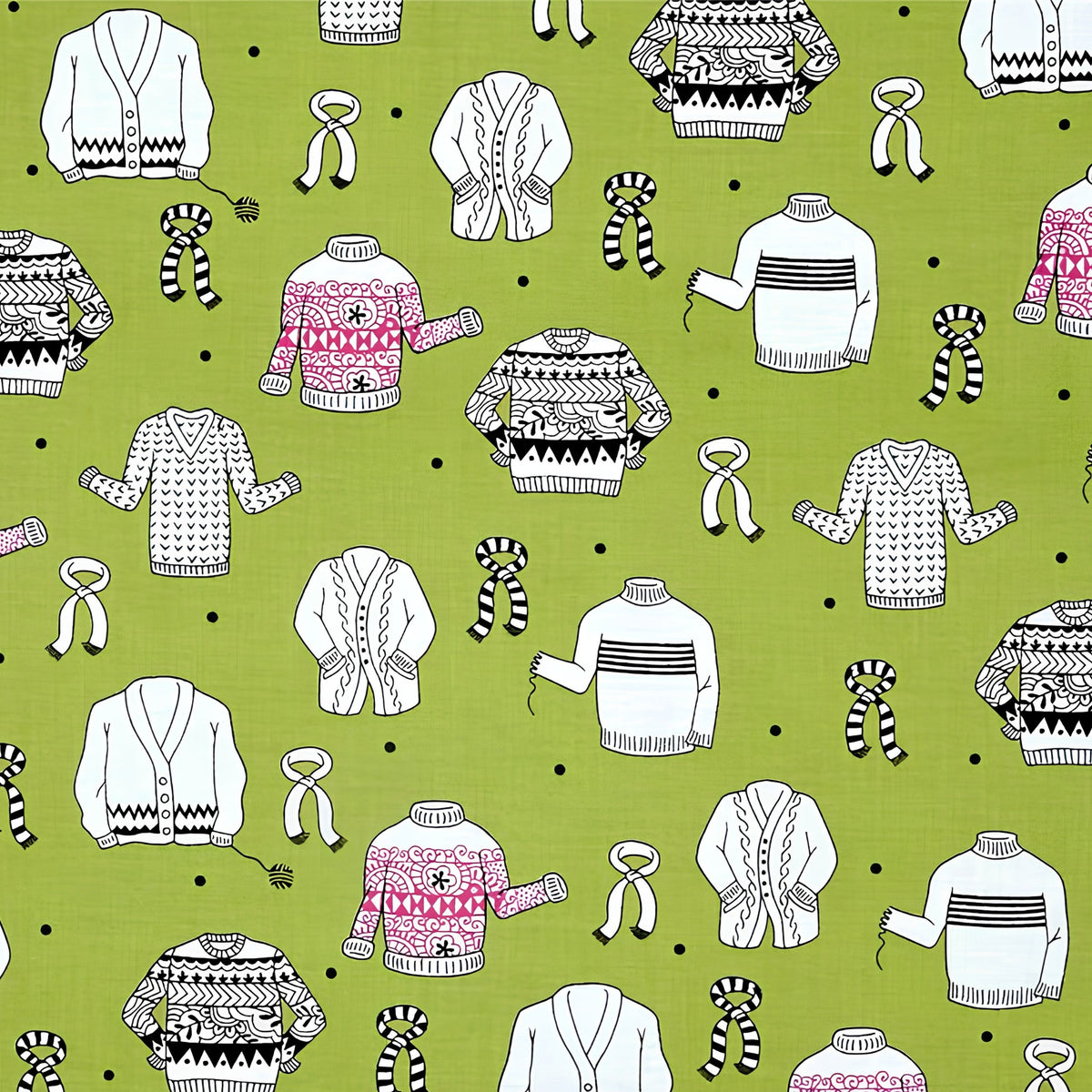 Illustrated ugly sweater knitting scarves cardigans white black hot pink on olive green novelty quilting cotton for quilts tote bags sewing room accessories and knitter gifts