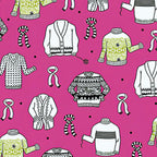 Illustrated ugly sweater knitting scarves cardigans white black olive green on hot pink novelty quilting cotton for quilts tote bags sewing room accessories and knitter gifts