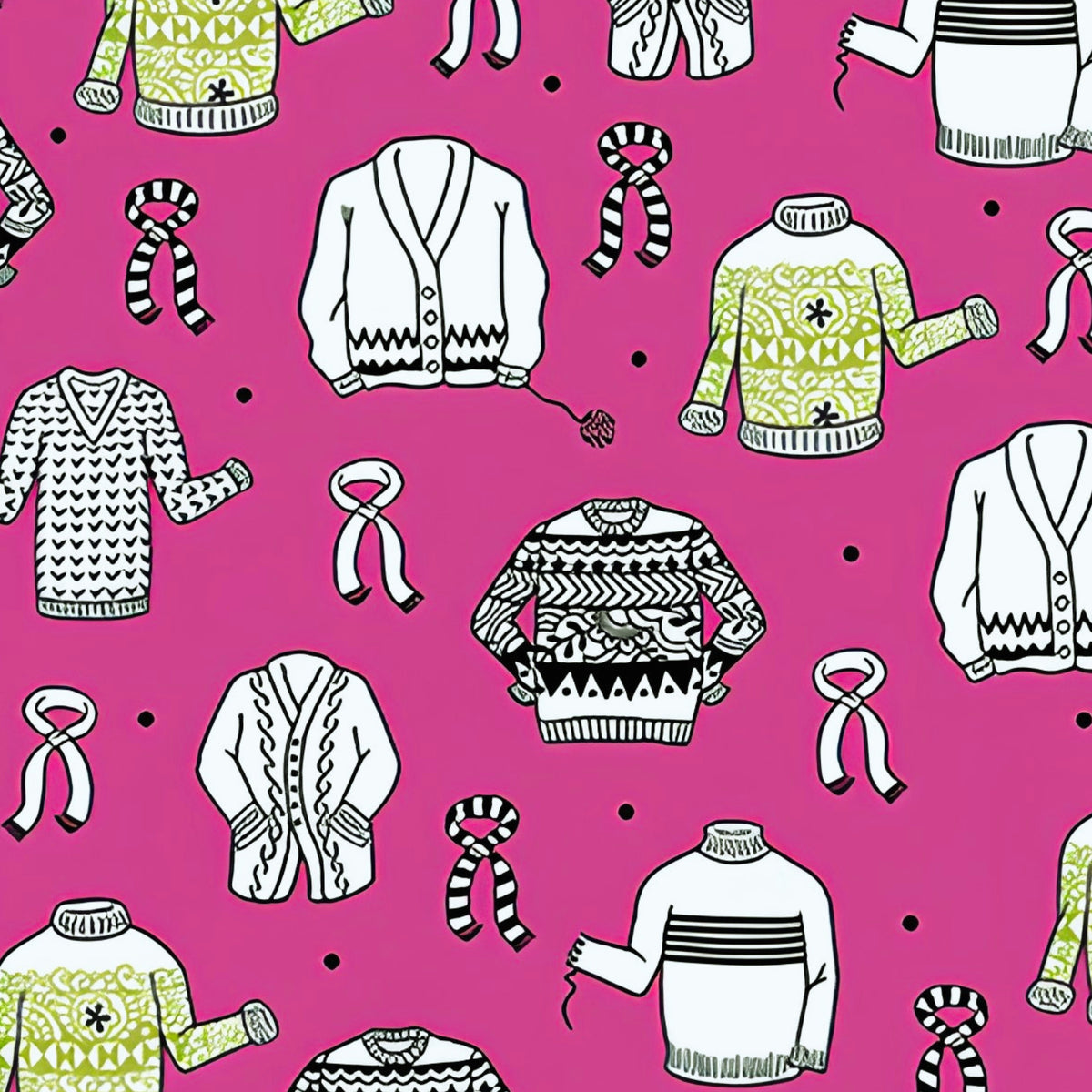 Illustrated ugly sweater knitting scarves cardigans white black olive green on hot pink novelty quilting cotton for quilts tote bags sewing room accessories and knitter gifts