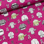 Illustrated ugly sweater knitting scarves cardigans white black olive green on hot pink novelty quilting cotton for quilts tote bags sewing room accessories and knitter gifts