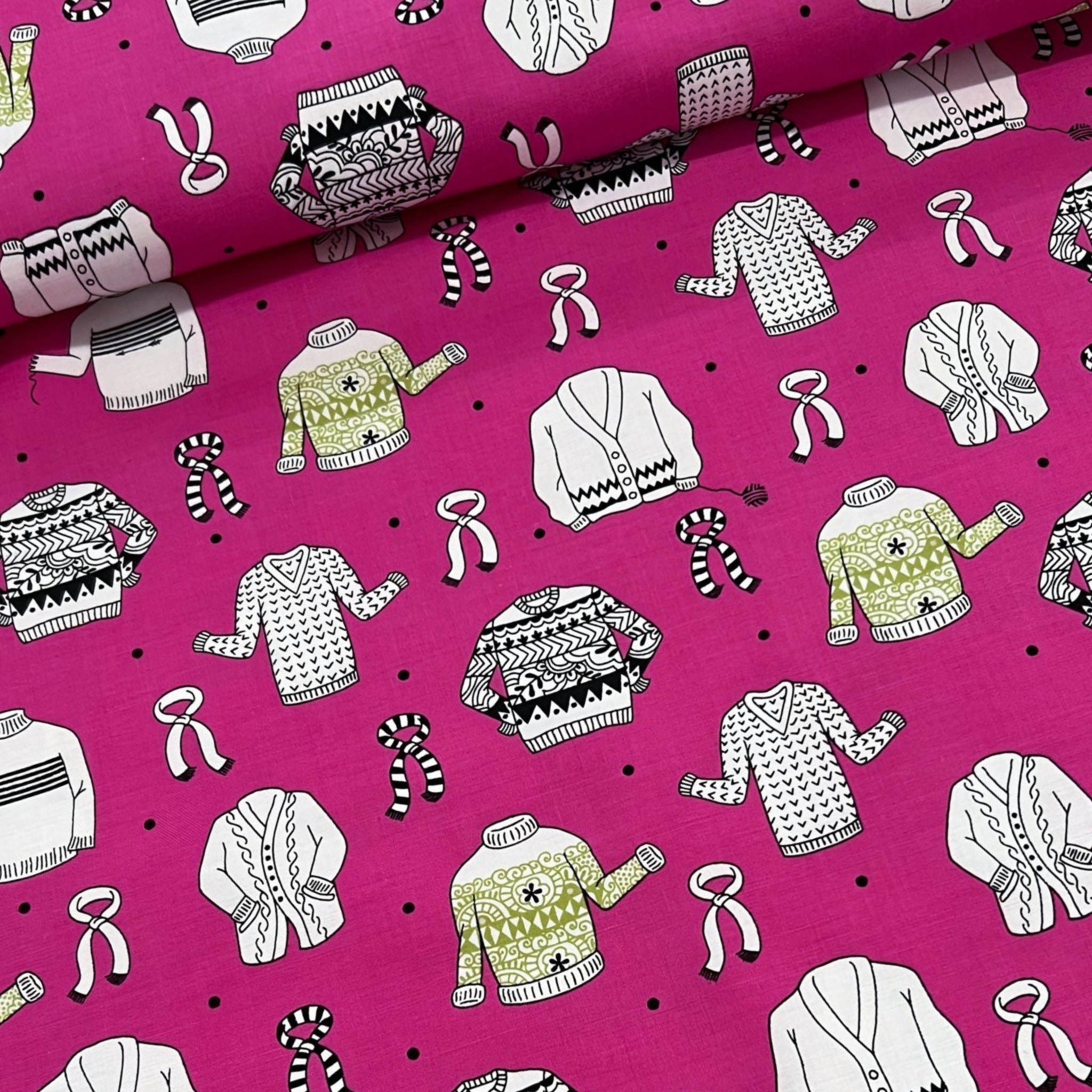 Illustrated ugly sweater knitting scarves cardigans white black olive green on hot pink novelty quilting cotton for quilts tote bags sewing room accessories and knitter gifts