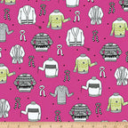 Illustrated ugly sweater knitting scarves cardigans white black olive green on hot pink novelty quilting cotton for quilts tote bags sewing room accessories and knitter gifts
