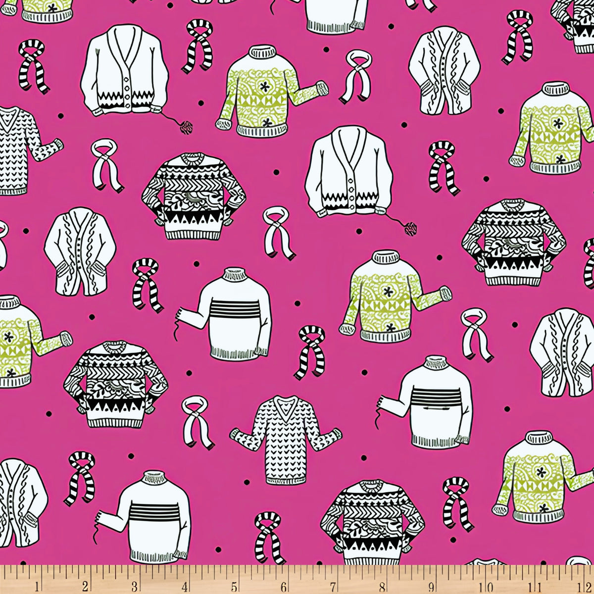 Illustrated ugly sweater knitting scarves cardigans white black olive green on hot pink novelty quilting cotton for quilts tote bags sewing room accessories and knitter gifts