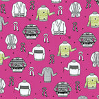 Illustrated ugly sweater knitting scarves cardigans white black olive green on hot pink novelty quilting cotton for quilts tote bags sewing room accessories and knitter gifts