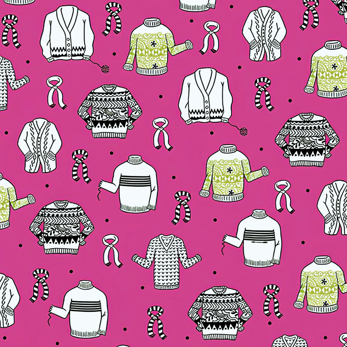 Illustrated ugly sweater knitting scarves cardigans white black olive green on hot pink novelty quilting cotton for quilts tote bags sewing room accessories and knitter gifts