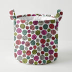 Multicolour yarn ball fabric made into a sewing basket showing the Wool Ewe yarn balls white multi quilting cotton