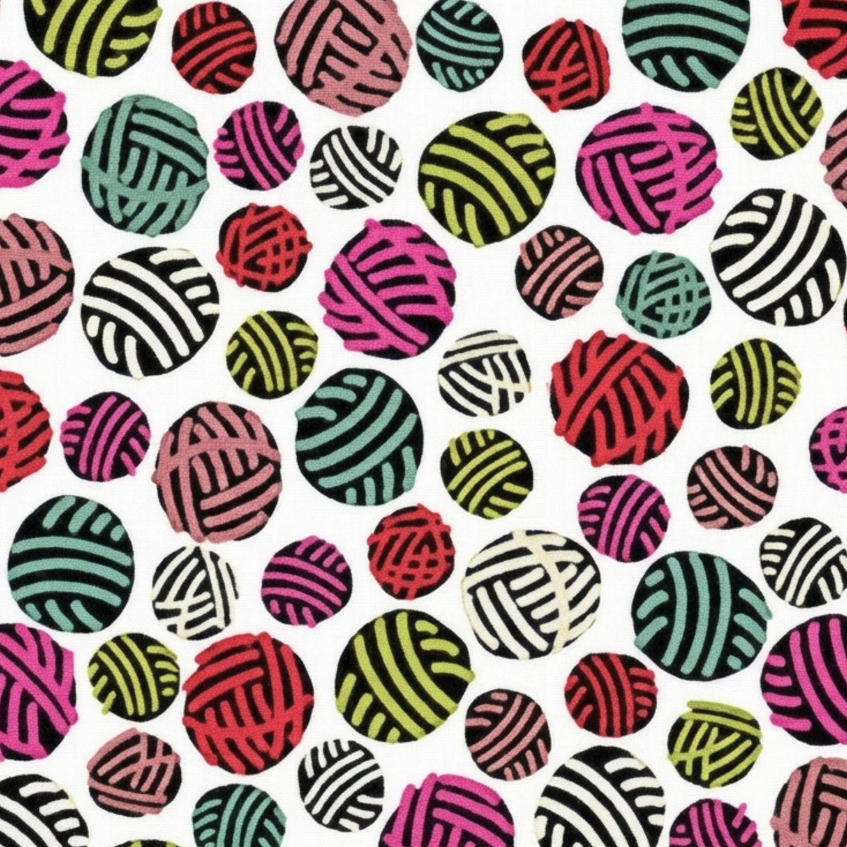 Tossed multicolour yarn balls hot pink red olive green teal black white on white novelty quilting cotton for knitter gifts sewing room accessories quilts and tote bags