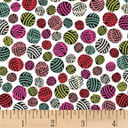 Tossed multicolour yarn balls hot pink red olive green teal black white on white novelty quilting cotton for knitter gifts sewing room accessories quilts and tote bags