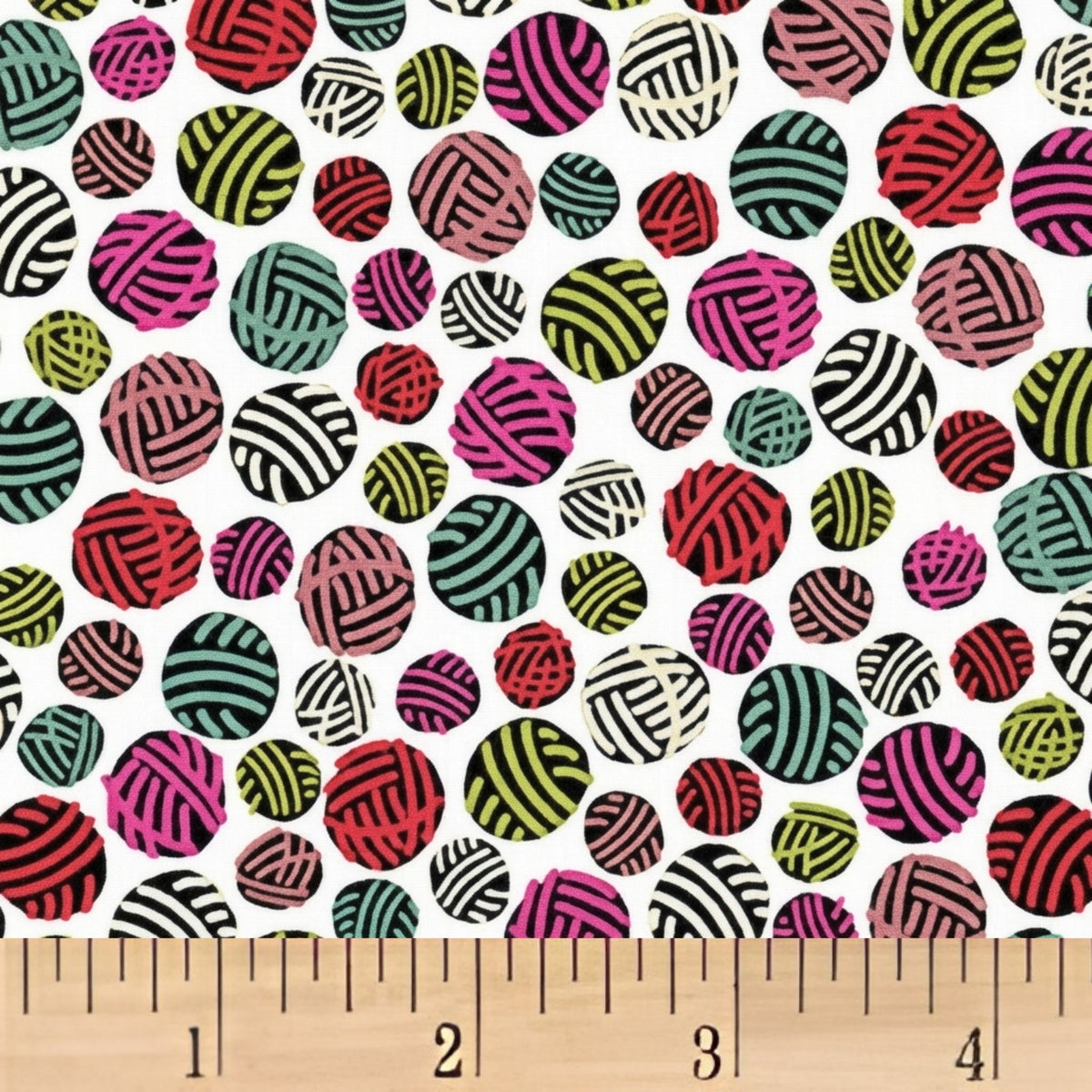Tossed multicolour yarn balls hot pink red olive green teal black white on white novelty quilting cotton for knitter gifts sewing room accessories quilts and tote bags