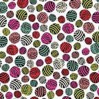 Tossed multicolour yarn balls hot pink red olive green teal black white on white novelty quilting cotton for knitter gifts sewing room accessories quilts and tote bags