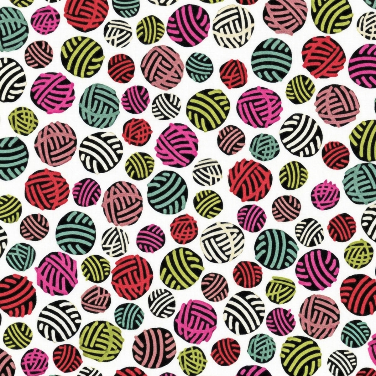 Tossed multicolour yarn balls hot pink red olive green teal black white on white novelty quilting cotton for knitter gifts sewing room accessories quilts and tote bags