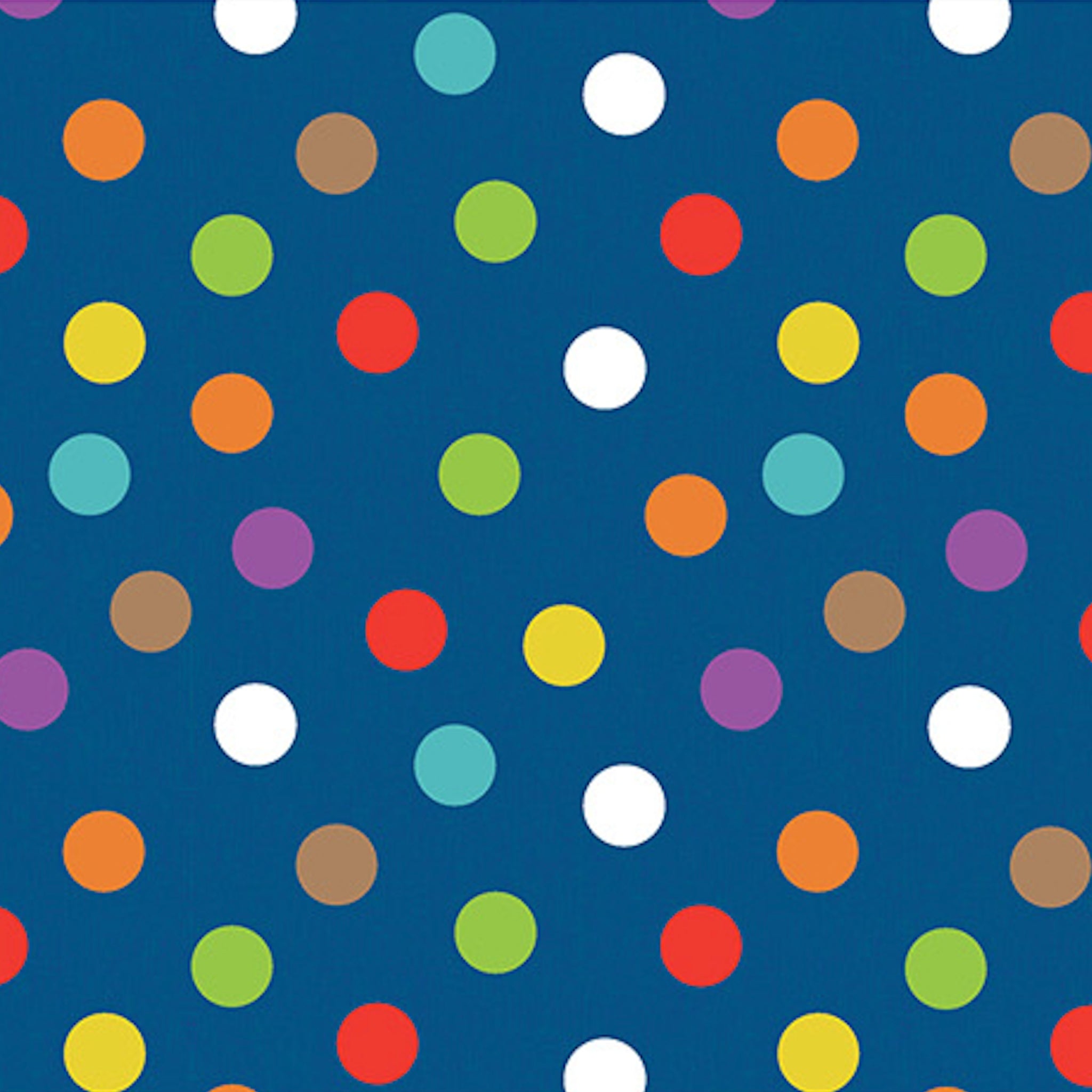 Blue polka dot fabric with multicolour rainbow dots for kids quilts