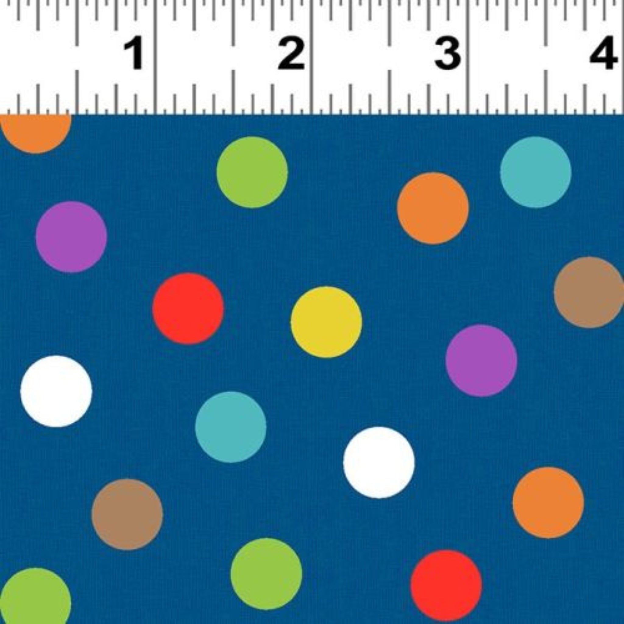 Blue polka dot fabric with multicolour rainbow dots for kids quilts