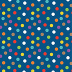 Blue quilting cotton with bright multicolour polka dot pattern
