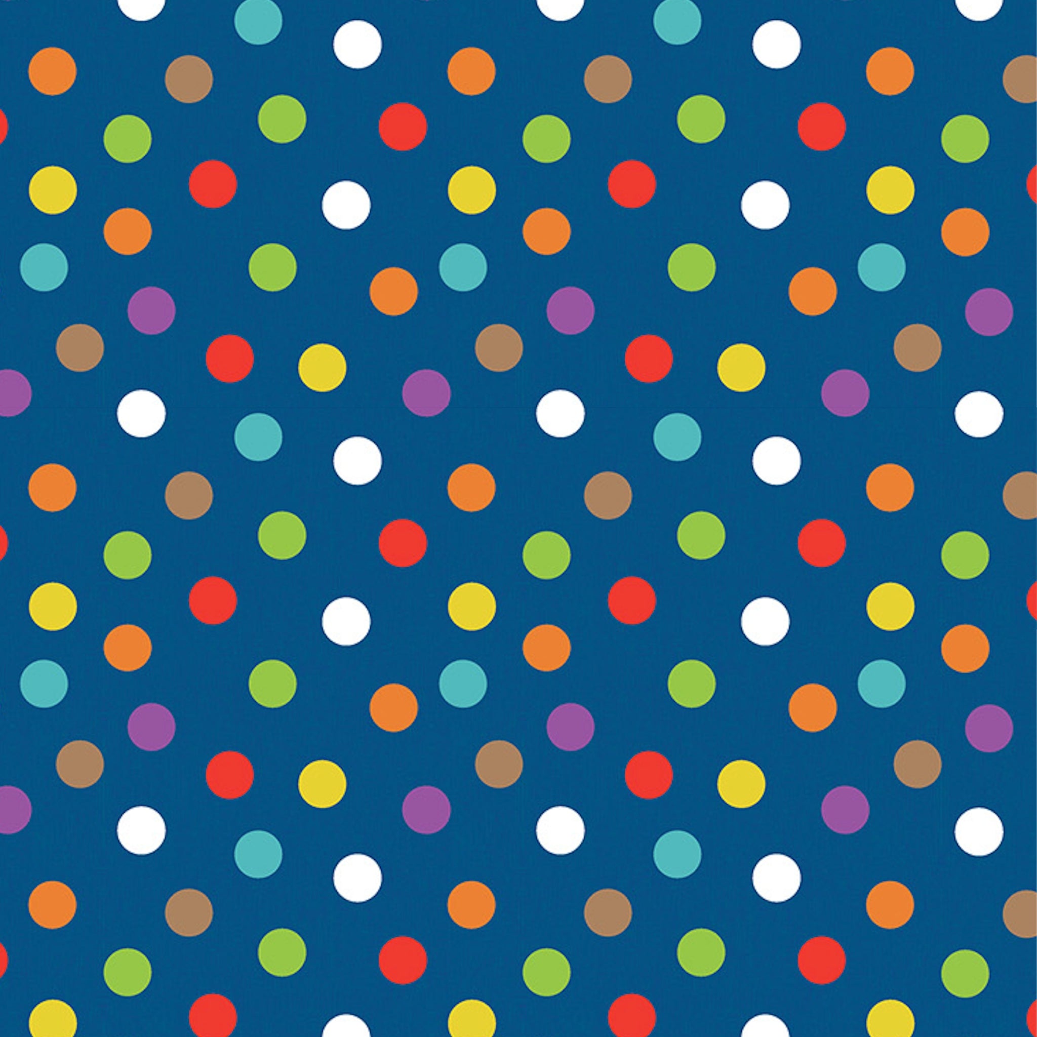 Blue quilting cotton with bright multicolour polka dot pattern