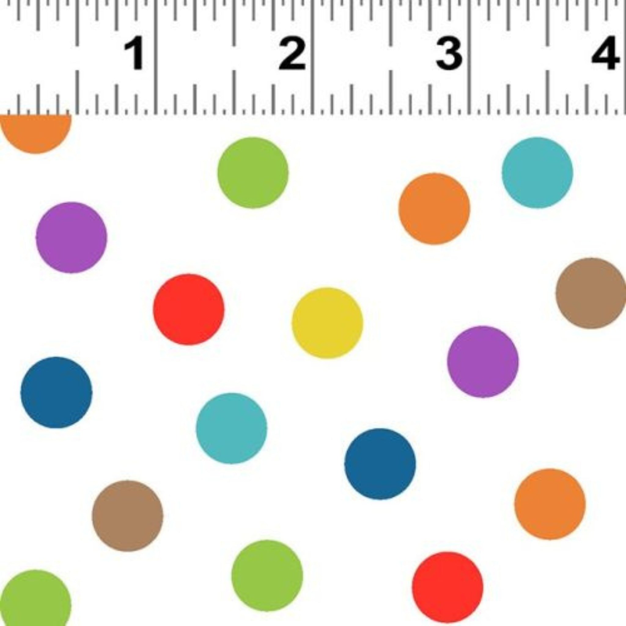 White quilting cotton with bright multicolour polka dot pattern