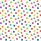 White polka dot fabric with multicolour rainbow dots for kids quilts