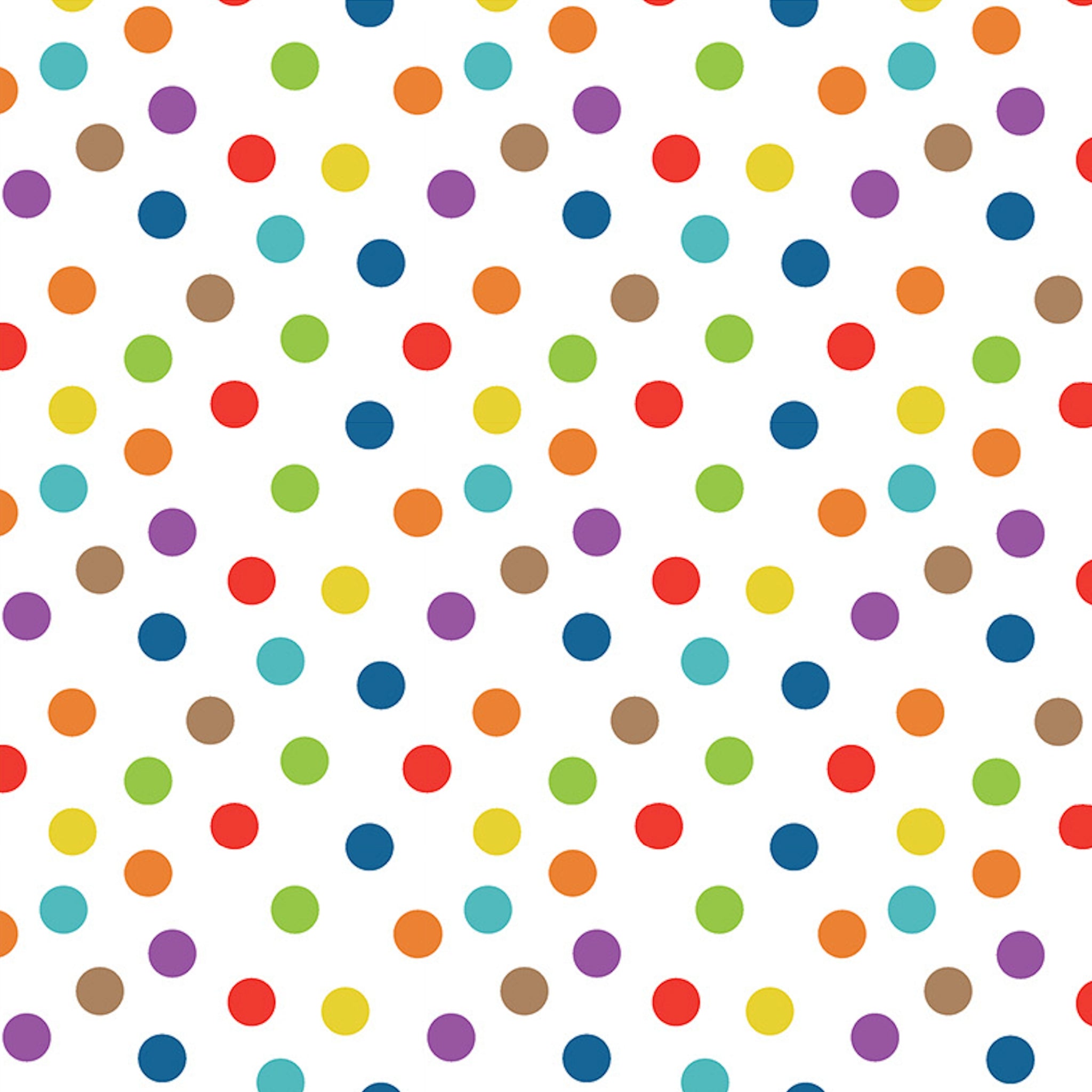 White polka dot fabric with multicolour rainbow dots for kids quilts