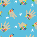 Blue hand print fabric with multicolour high five design for kids quilts