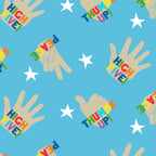 Blue hand print fabric with multicolour high five design for kids quilts