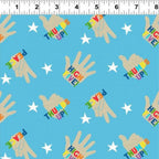 Blue hand print fabric with multicolour thumbs up design for kids quilts