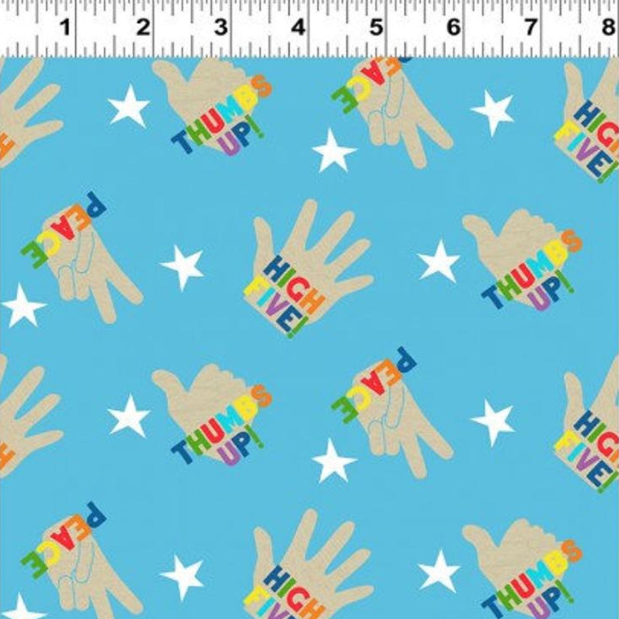 Blue hand print fabric with multicolour thumbs up design for kids quilts