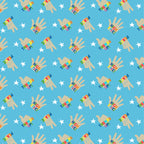 Blue hand print fabric with multicolour peace sign design for kids quilts