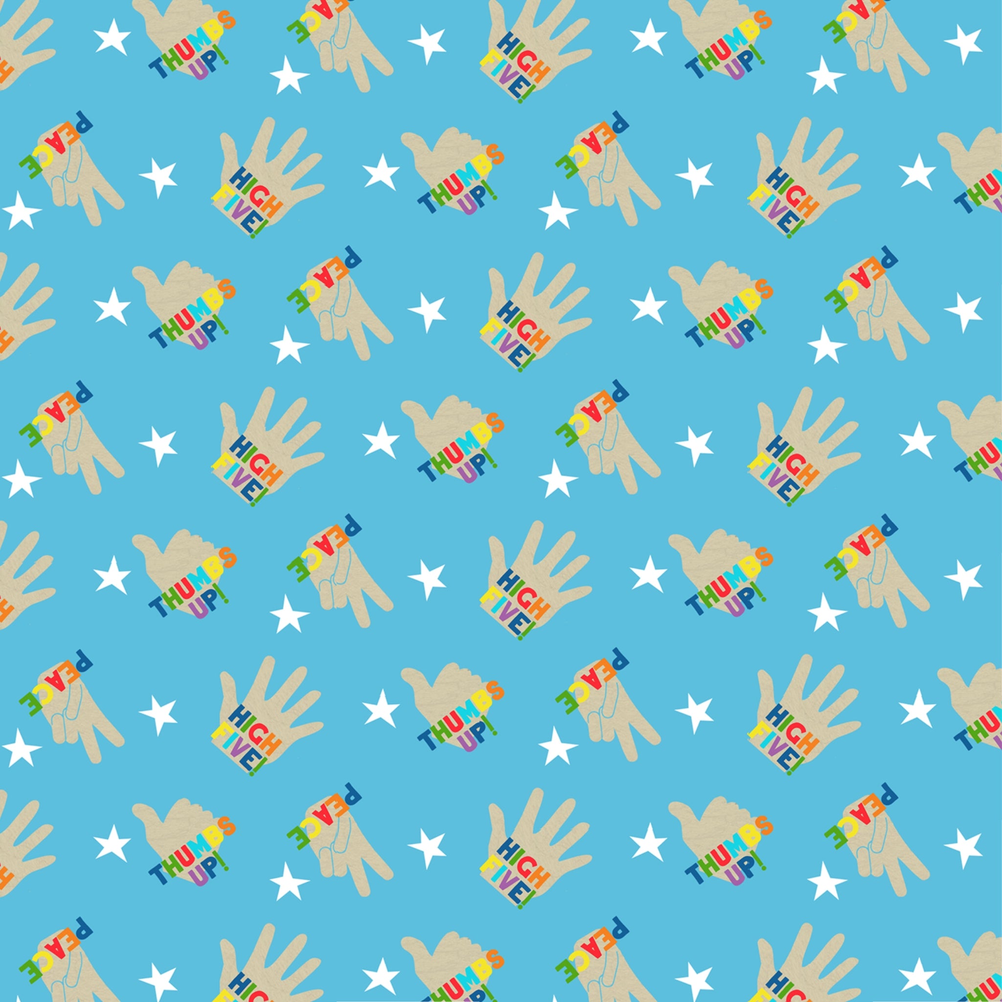 Blue hand print fabric with multicolour peace sign design for kids quilts