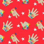 Pattern of hands with text 'High Five' and 'Thumbs Up' on a red background with stars