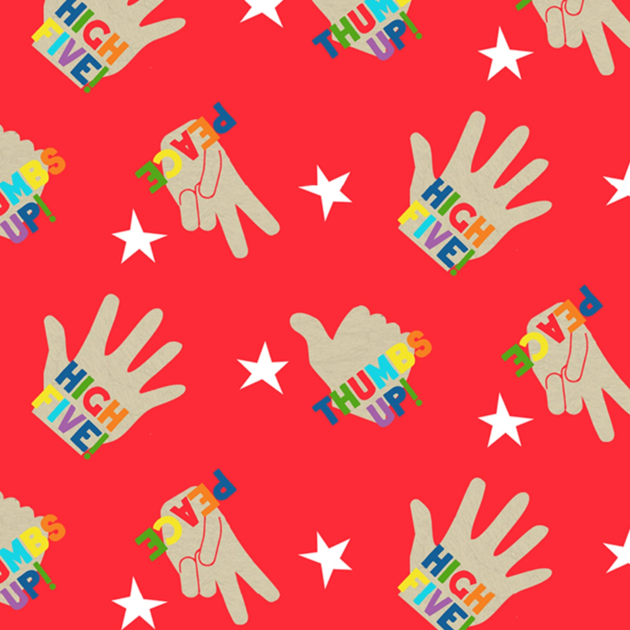 Pattern of hands with text 'High Five' and 'Thumbs Up' on a red background with stars