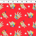 Red hand print fabric with multicolour high five thumbs up design for kids quilts