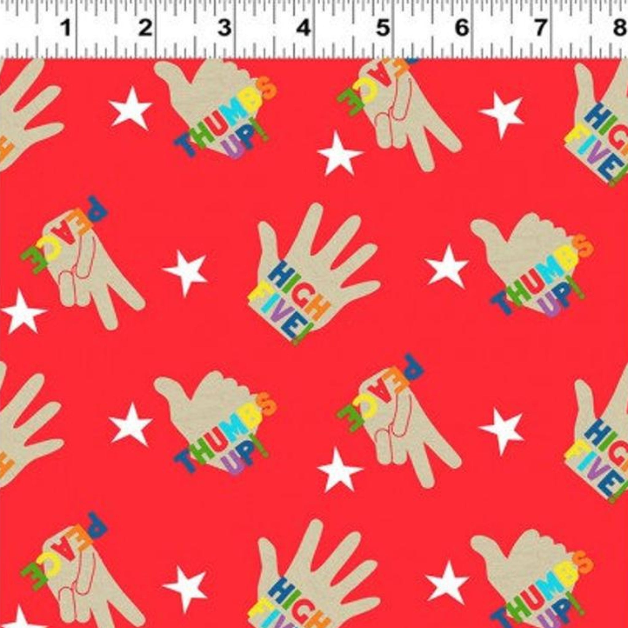 Red hand print fabric with multicolour high five thumbs up design for kids quilts