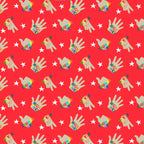 Red hand print fabric with multicolour high five thumbs up design for kids quilts