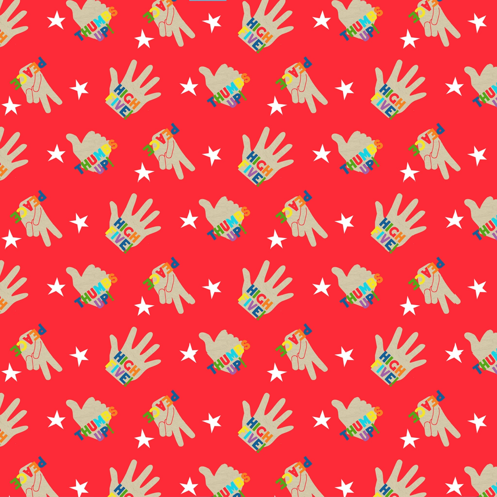 Red hand print fabric with multicolour high five thumbs up design for kids quilts