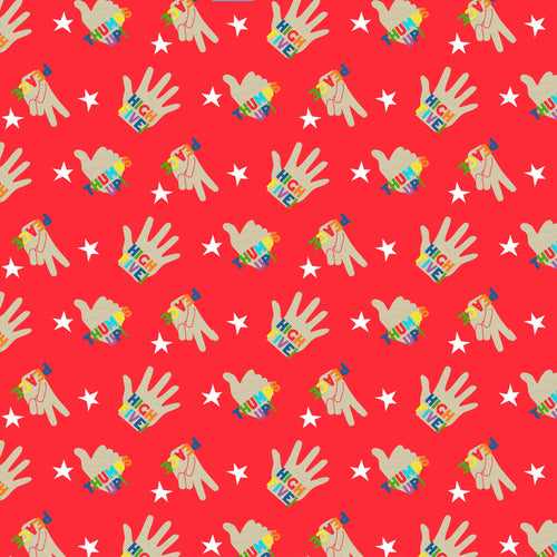 Red hand print fabric with multicolour high five thumbs up design for kids quilts