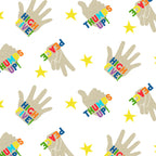 Pattern of hands with colorful text and stars on a white fabric background