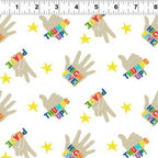 White high five thumbs up peace hand print quilting cotton with bright rainbow colours