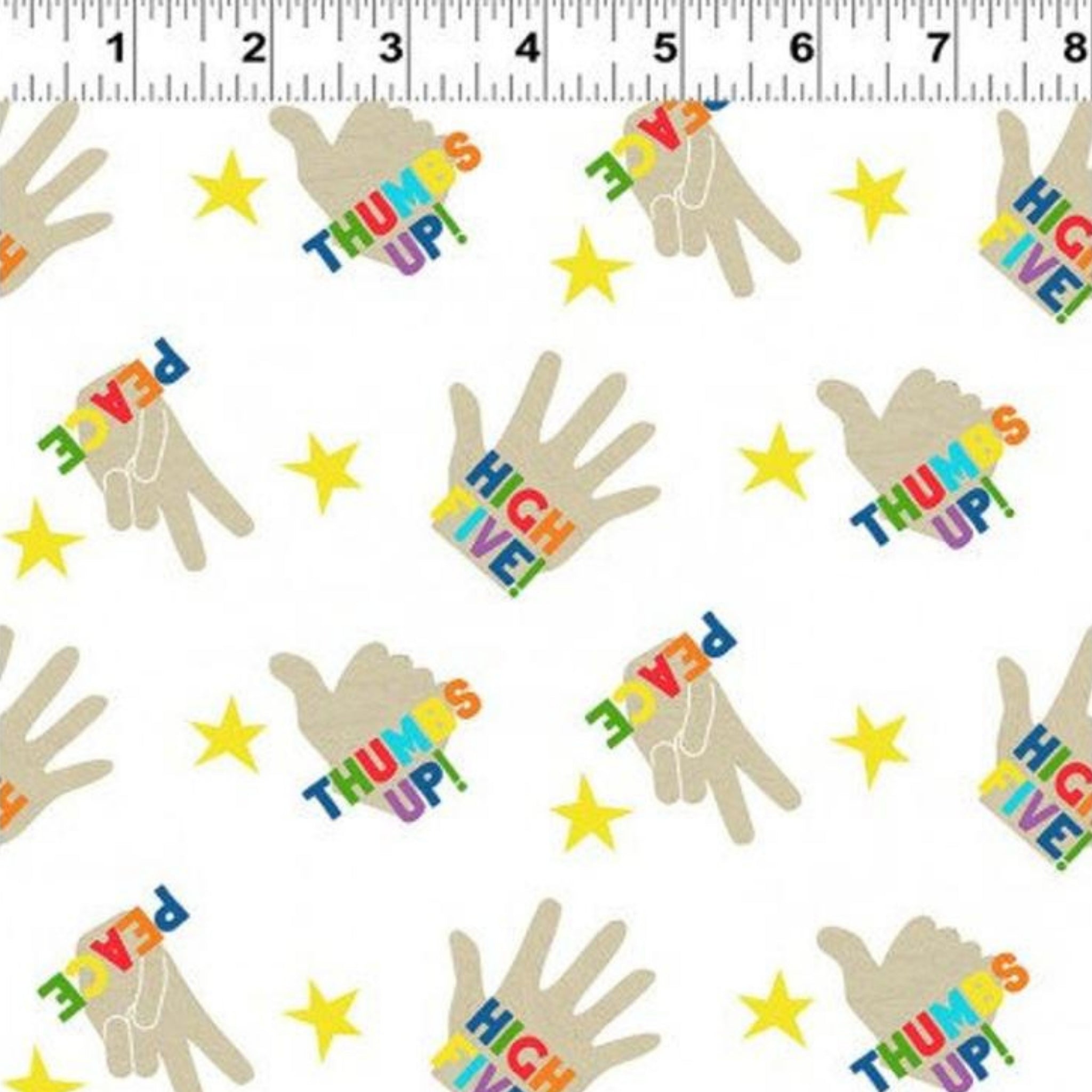 White high five thumbs up peace hand print quilting cotton with bright rainbow colours
