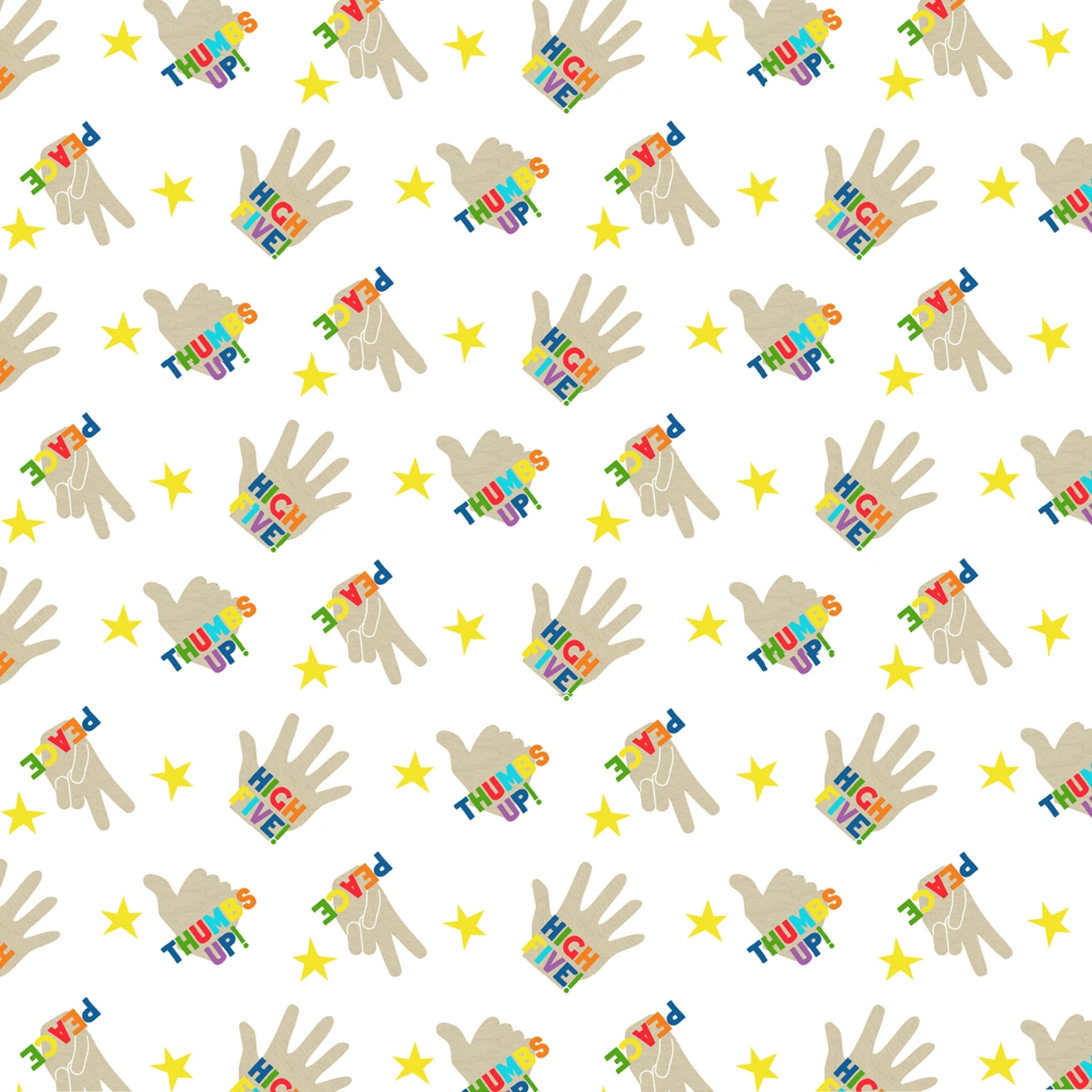 White high five hand print quilting cotton with bright rainbow colours
