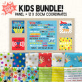 Bright kids quilt bundle with panel and coordinating fabrics featuring stars, dots and positive words