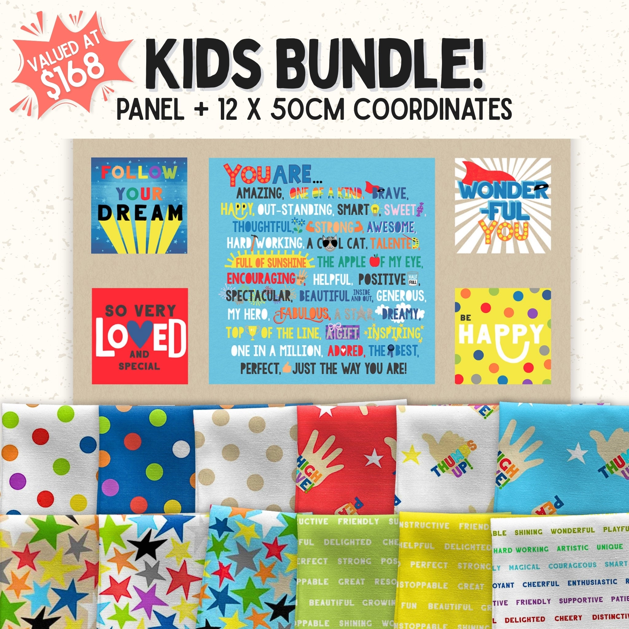 Bright kids quilt bundle with panel and coordinating fabrics featuring stars, dots and positive words