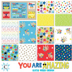 Bright kids quilt fabrics with stars, dots and positive words by Katie Webb for Clothworks