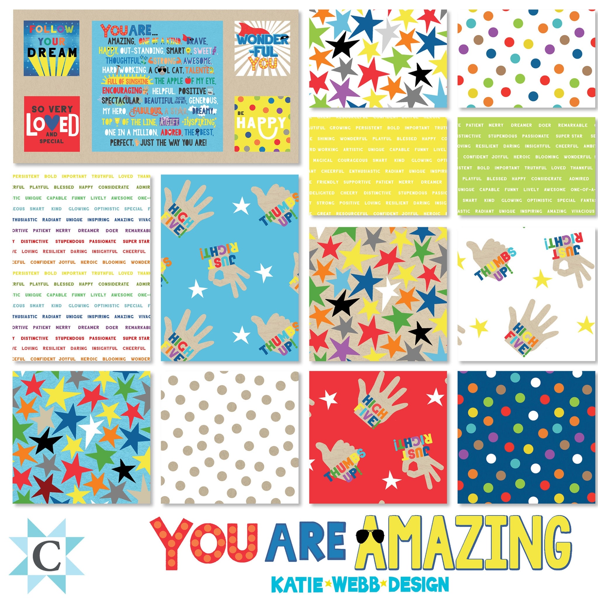 Bright kids quilt fabrics with stars, dots and positive words by Katie Webb for Clothworks