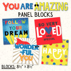 Individual quilt blocks from positive affirmation panel with stars and words
