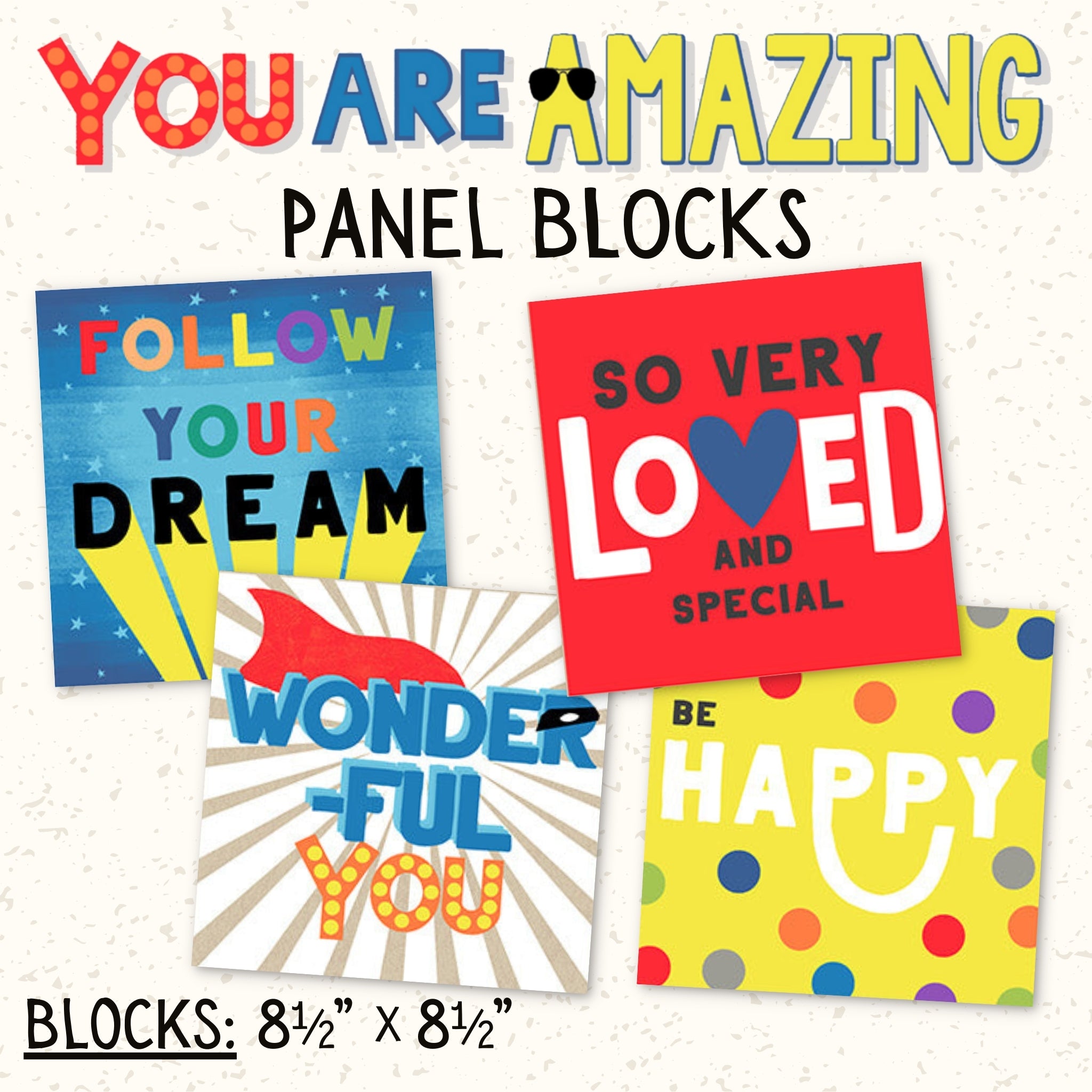 Individual quilt blocks from positive affirmation panel with stars and words