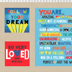 Panel fabric measurement guide showing left side layout and dimensions for positive affirmation kids quilt