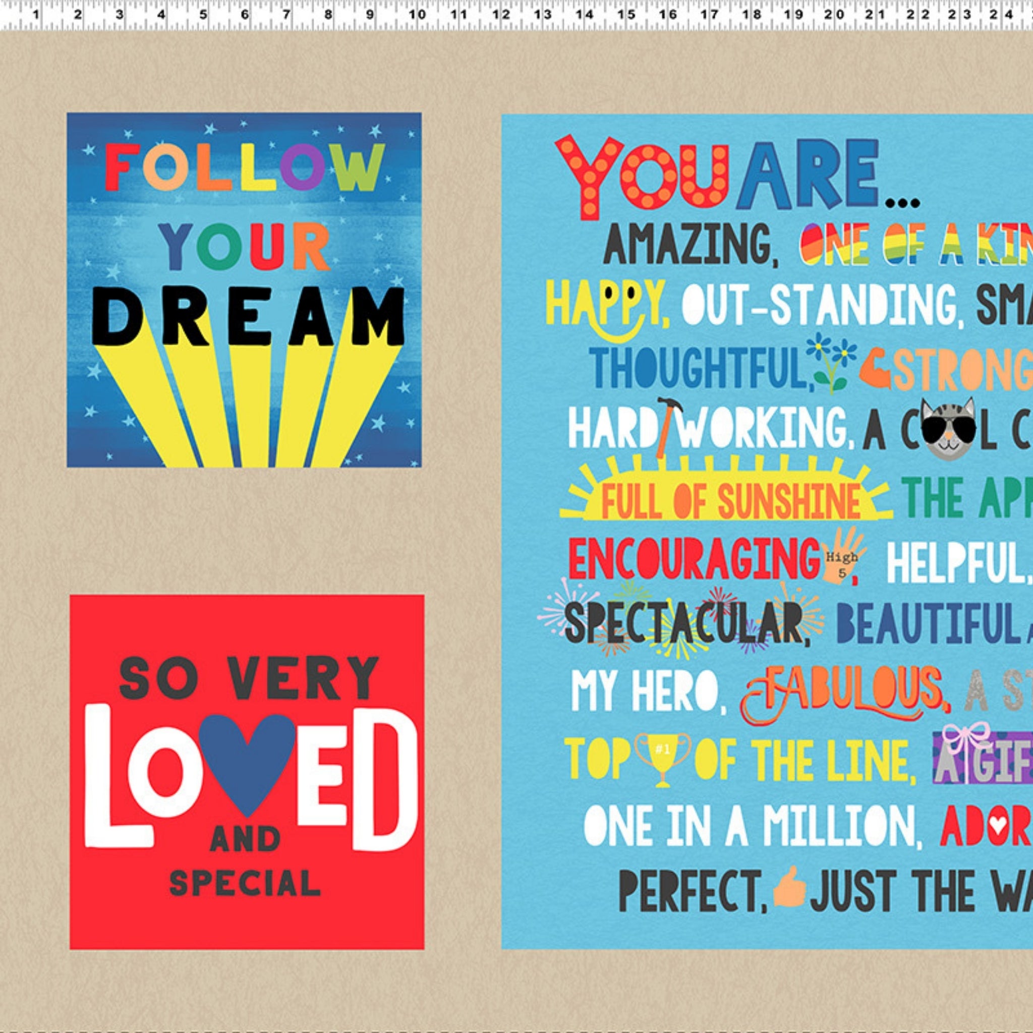 Panel fabric measurement guide showing left side layout and dimensions for positive affirmation kids quilt